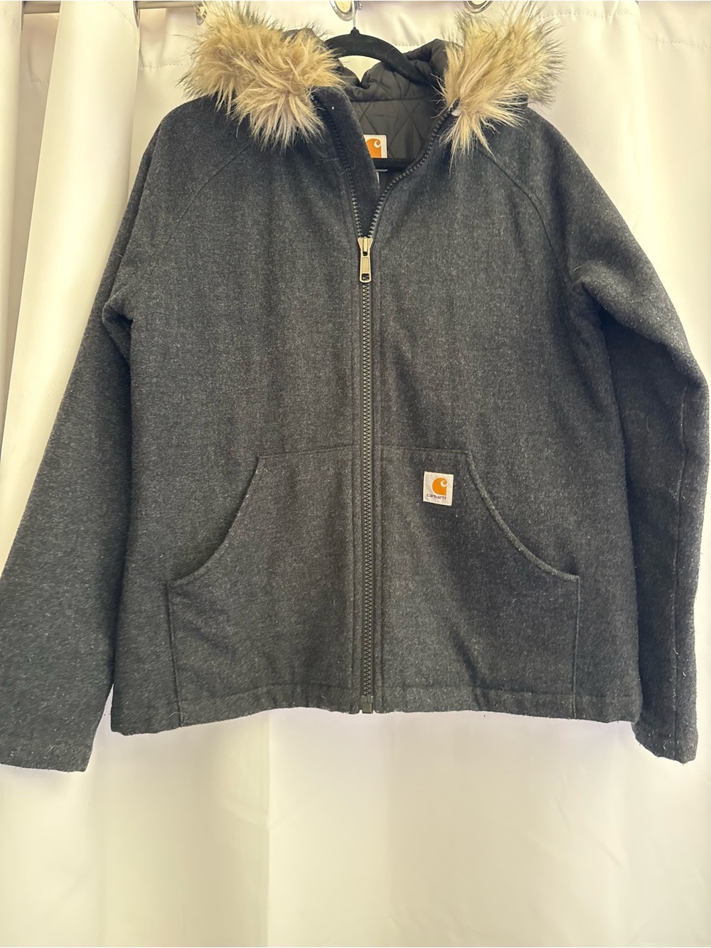 Carhartt Kids Dark Gray Quilted Hooded Puffer with Faux Fur Trim
